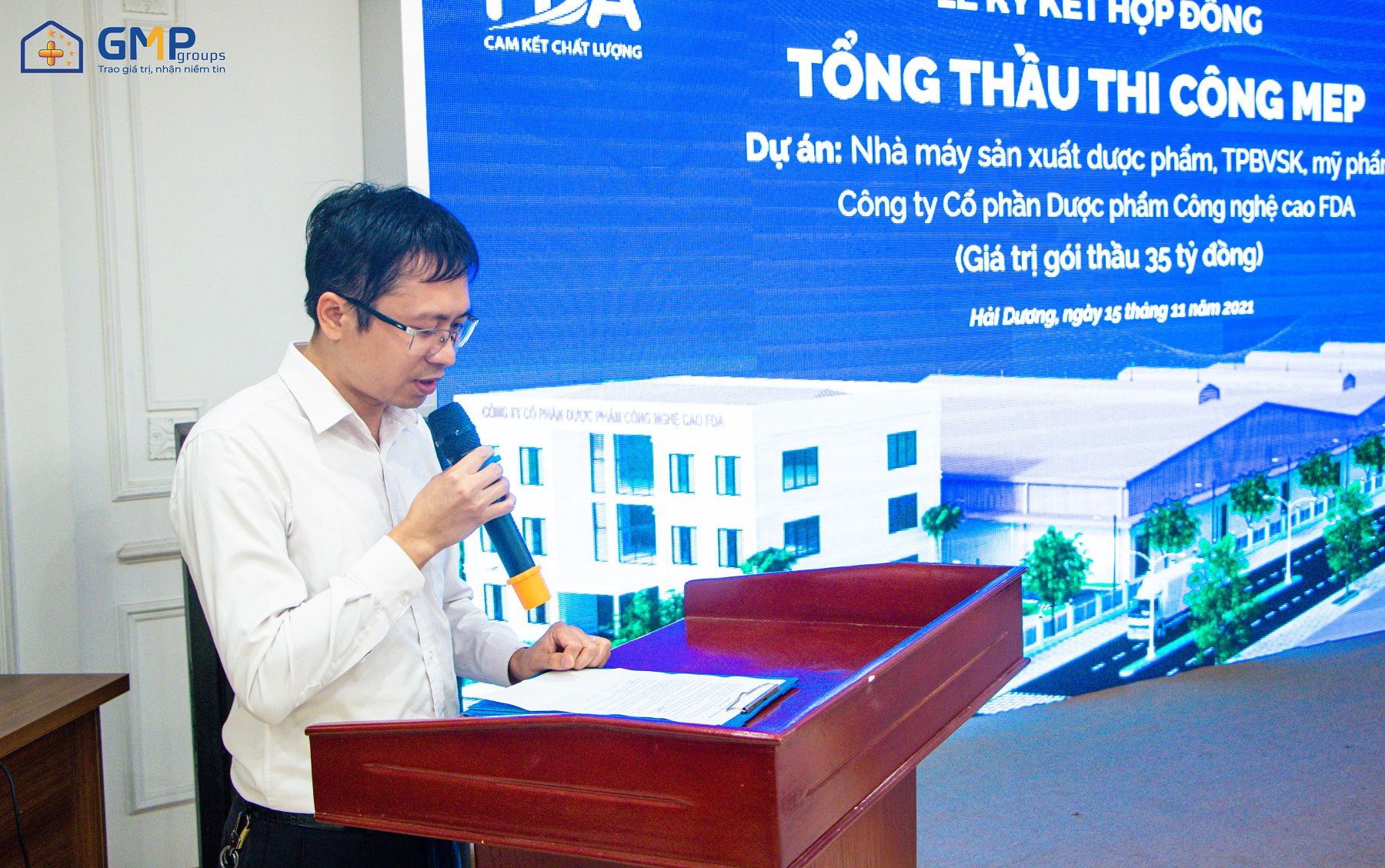 Ông Trịnh Duy Nghiêm - Giám đốc kỹ thuật dự án Công ty CP GMP Groups cam kết về chất lượng, tiến độ, an toàn trong việc triển khai thi công dự án nhà máy FDA
